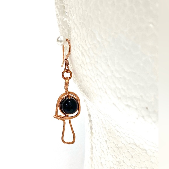 HANDMADE Mushroom Black Onyx and Hand Wrapped Bare Copper Dangle Earrings - Picture 7 of 9